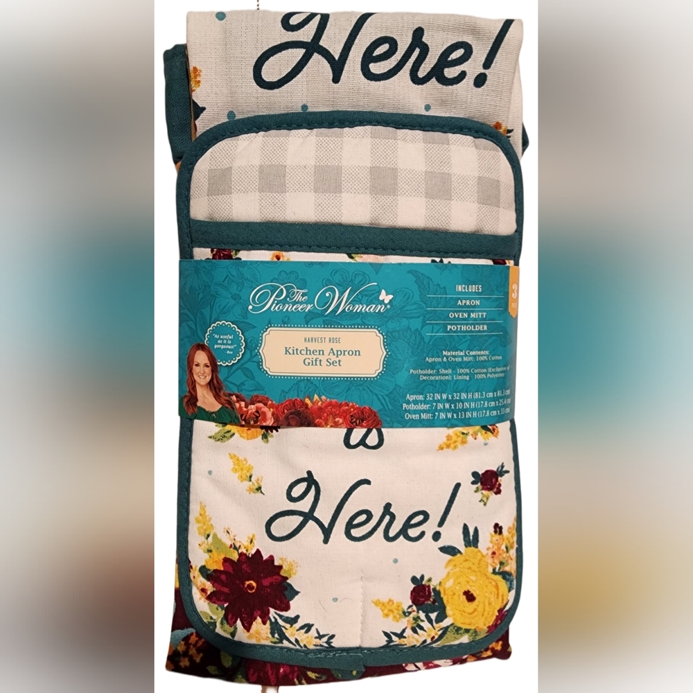 Pioneer Woman Harvest Rose Kitchen Apron Gift Set w/ Oven Mitt & Pothold…